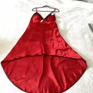 New Nayomi Red Satin Slip Dress hi-low size XL with black lace trim